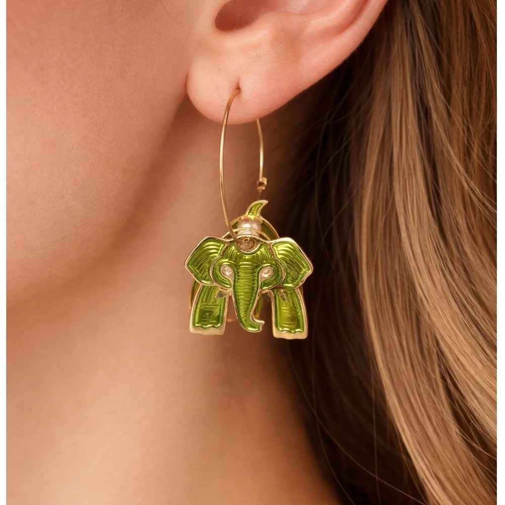 Vintage Green‎ Enamel Elephant Dangle Hoop Earrings Gold Tone Articulated Safari